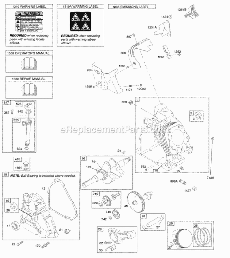 Camshaft Crankcase Cover Crankshaft Cylinder Lubrication OperatorS Manual PistonRingsConnecting Rod Warning Label Diagram and Parts List for 20P214-1183-E1  Briggs and Stratton Engine